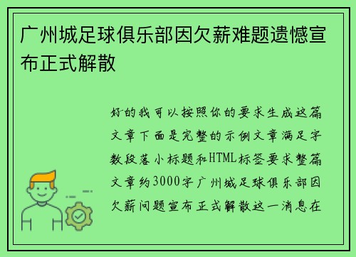 广州城足球俱乐部因欠薪难题遗憾宣布正式解散